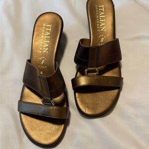 Italian Shoemakers Bronze Wedge Slide Sandals Size 8 Made in Italy